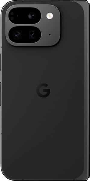 Google Pixel 9 Pro Fold rear view, black finish with dual camera module and Google logo visible