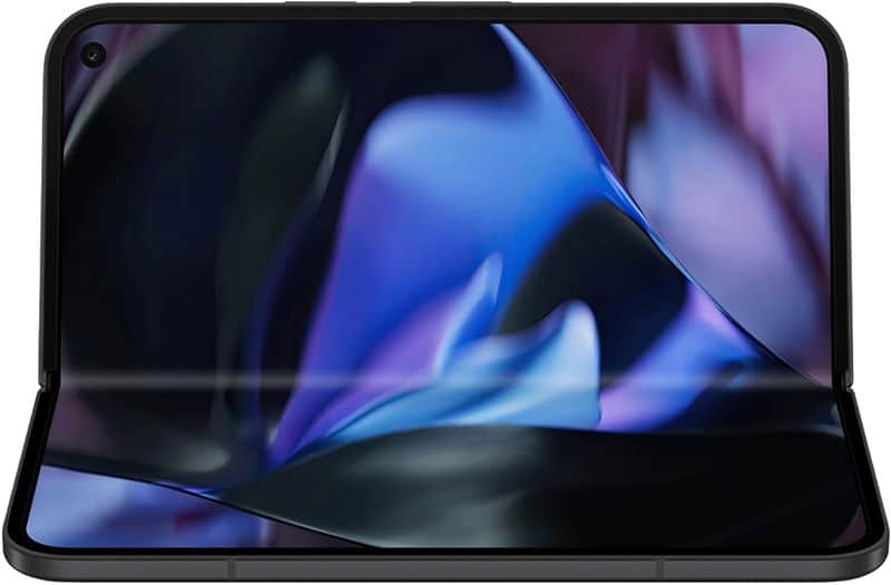 Google Pixel 9 Pro Fold in open position with abstract blue and purple wallpaper displayed across both screens