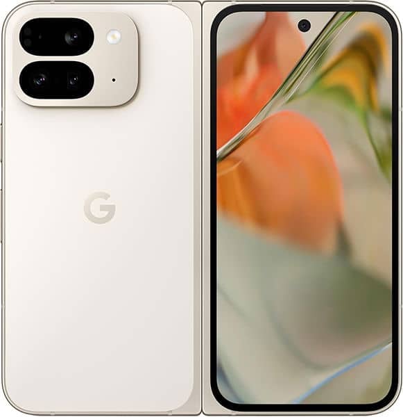 Google Pixel 9 Pro Fold in ivory, shown open with rear cameras visible on left panel and display screen on right