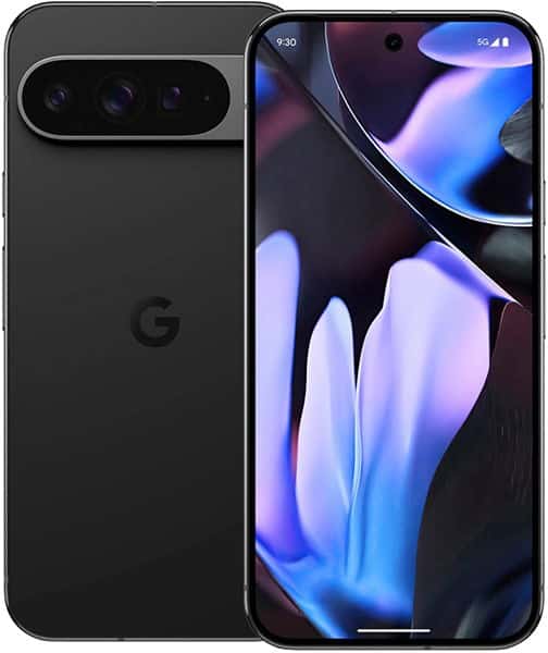 Google Pixel 9 Pro XL shown front and rear; front displays purple-blue abstract art, rear features camera bar and "G" logo.