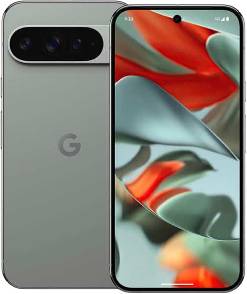 Google Pixel 9 Pro XL in gray, shown front and rear; rear has a horizontal camera bar, front shows colorful wallpaper.
