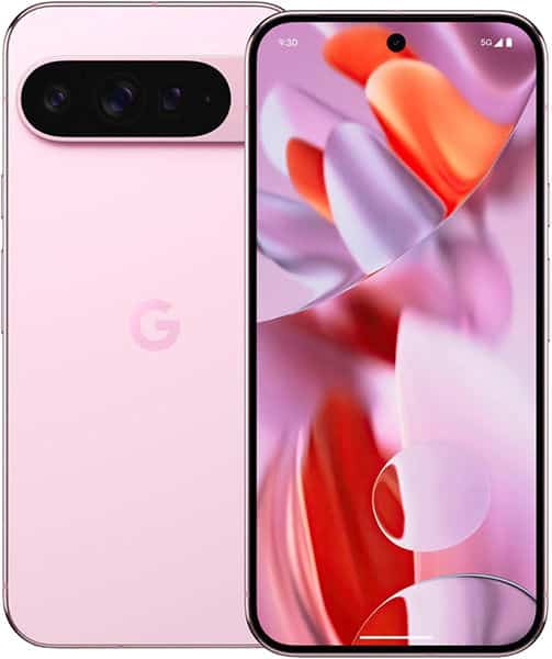 Pink Google Pixel 9 Pro XL shown front and rear; front has punch-hole camera, rear has logo and horizontal camera bar.