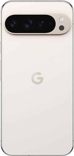 Rear view of white Google Pixel 9 Pro XL with horizontal black triple-lens camera bar and centered "G" logo below.