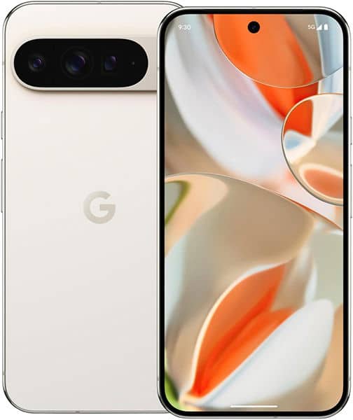 White Google Pixel 9 Pro XL shown front and rear; rear has horizontal camera bar, front displays abstract orange and beige shapes.