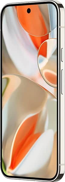 Google Pixel 9 Pro XL smartphone, front display on with beige-orange floral design, viewed at slight angle showing right edge and buttons.