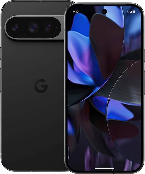 Google Pixel 9 Pro, front and rear views, showing triple camera system and display with blue abstract wallpaper