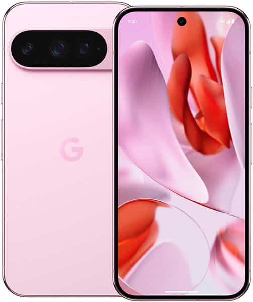 Google Pixel 9 Pro in pink, shown front and back with triple rear cameras and display showing red and pink abstract wallpaper