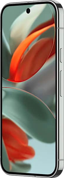 Google Pixel 9 Pro front view, displaying colorful abstract wallpaper with red, orange, and teal curved shapes on screen