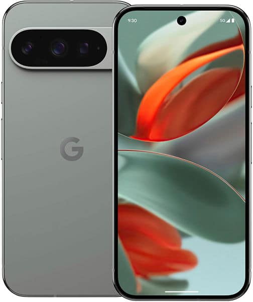 Google Pixel 9 Pro, front and rear view. Gray phone with triple camera module and Google G logo on back; screen displays colorful abstract wallpaper