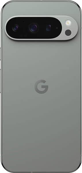 Google Pixel 9 Pro rear view, showing gray back with Google logo and horizontal camera bar with three lenses