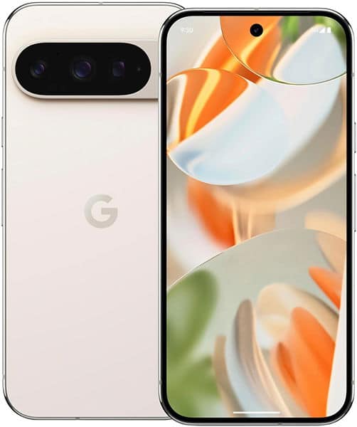 Google Pixel 9 Pro, rear and front views. Cream-colored back with triple camera array; front displays orange and white flowers