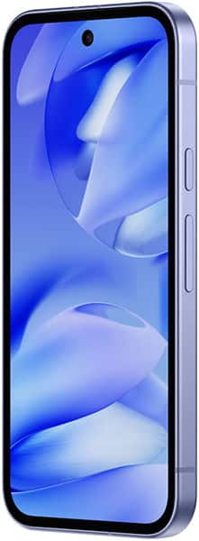 Google Pixel 9a from angled side view with blue-purple gradient wallpaper; power and volume buttons on right edge visible.