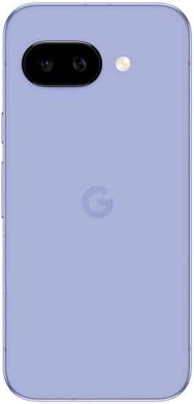 Rear view of light purple Google Pixel 9a with dual-lens black camera module, right-side flash, and centered "G" logo.