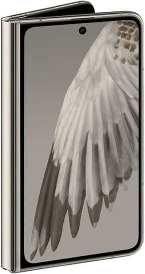 Google Pixel Fold partially open, showing inner display with feather wallpaper, viewed from the side