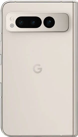 Google Pixel Fold rear view, white, showing dual camera system and Google logo on back panel