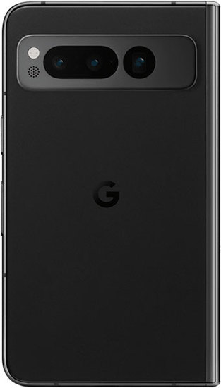 Google Pixel Fold rear view, black, showing triple camera setup and Google logo