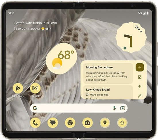 Google Pixel Fold open, displaying home screen with calendar event, weather widget, and app shortcuts