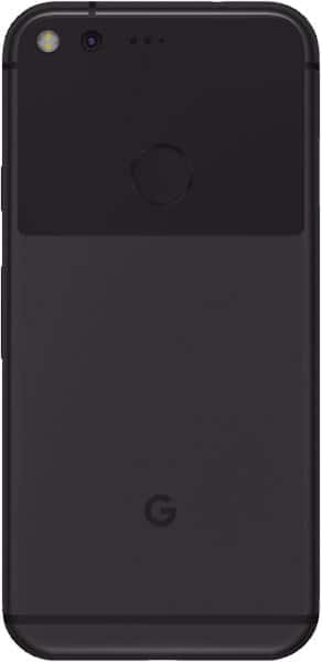 Google Pixel rear view, showing camera and Google "G" logo on black back panel