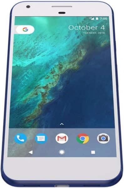 Google Pixel XL front view displaying home screen with October 4 date, underwater coral reef wallpaper, and app icons