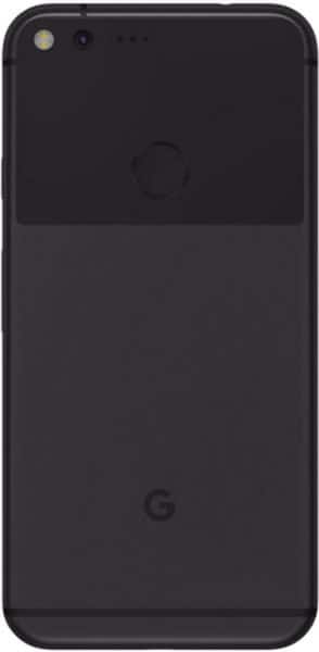Google Pixel XL rear view, black smartphone showing camera lens and Google logo