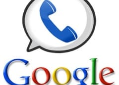 Google voice logo with blue phone handset icon in speech bubble and google wordmark below