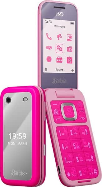 HMD Barbie Phone shown open and closed, displaying pink exterior with messaging icons on screen and numeric keypad visible