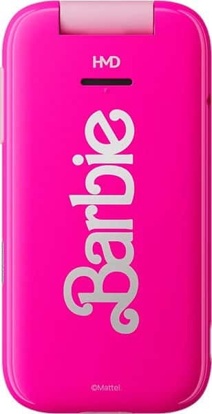 HMD Barbie Phone front view, bright pink flip phone with silver Barbie logo and HMD branding