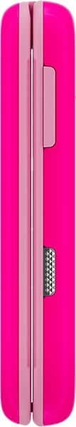 HMD Barbie Phone closed, side view, hot pink flip phone with vertical hinge and metallic accents