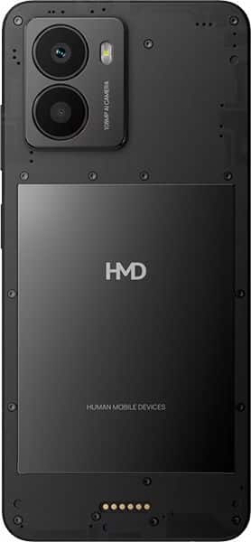HMD Fusion rear view, showing dual camera module and HMD branding on black device body