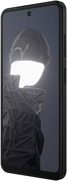 HMD Fusion smartphone shown from front angle, displaying dark screen with abstract graphic illustration
