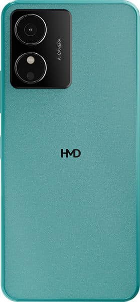 HMD Key rear view, turquoise phone with dual camera setup and HMD branding