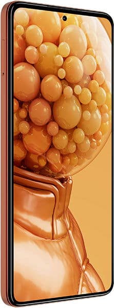 HMD Pulse+ smartphone shown at a slight angle, highlighting slim left edge and screen with orange-yellow bubble wallpaper.