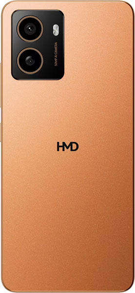 Rear view of gold HMD Pulse+ showing centered HMD logo and dual cameras with flash in a black rectangle at top left.