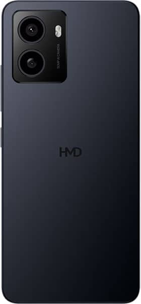 Rear view of black HMD Pulse+ smartphone with dual cameras and flash in top left; "HMD" logo centered on the back.
