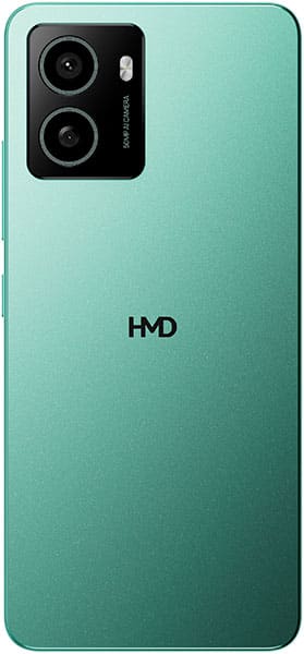Rear view of teal HMD Pulse+ with dual cameras in a black module (top left) and "HMD" logo centered on the back.
