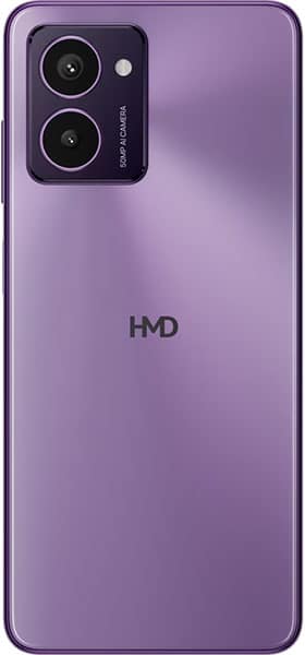 HMD Pulse Pro rear view, purple finish with dual camera module and HMD branding visible
