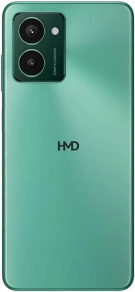 HMD Pulse Pro rear view, mint green phone with dual camera setup and HMD logo