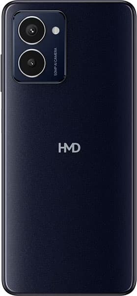 HMD Pulse Pro rear view, dark blue phone with dual camera setup and HMD logo
