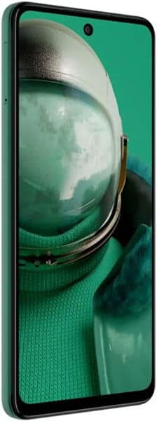 HMD Pulse Pro smartphone front view with green display showing an astronaut helmet reflection