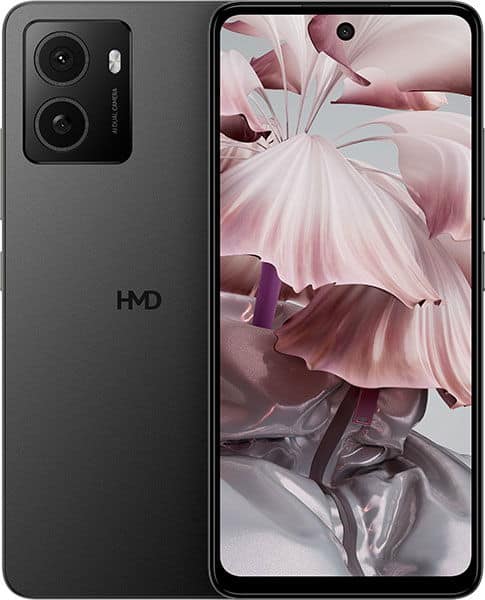 HMD Pulse front view: black smartphone with dual rear cameras and display showing abstract pink and purple digital art