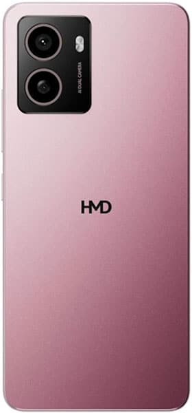 HMD Pulse rear view, pink phone with dual camera and HMD branding visible