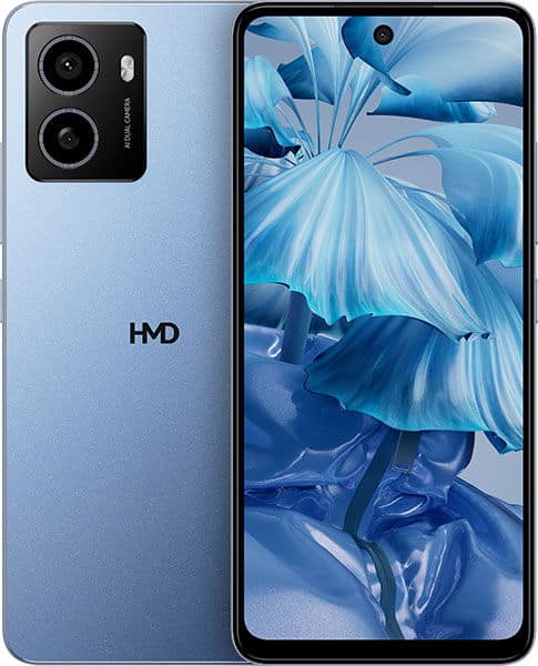 HMD Pulse front view, light blue phone with dual rear cameras and screen displaying blue abstract design