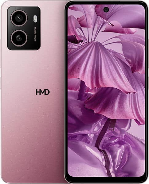 HMD Pulse smartphone in pink, front view showing display with purple abstract wallpaper and rear dual camera setup
