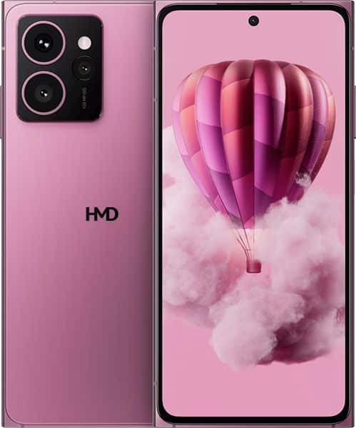 HMD Skyline front and back views in pink, showing dual rear camera setup and display with hot air balloon wallpaper