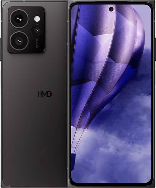 HMD Skyline front view showing dark gray phone with dual rear cameras and purple abstract design on display screen