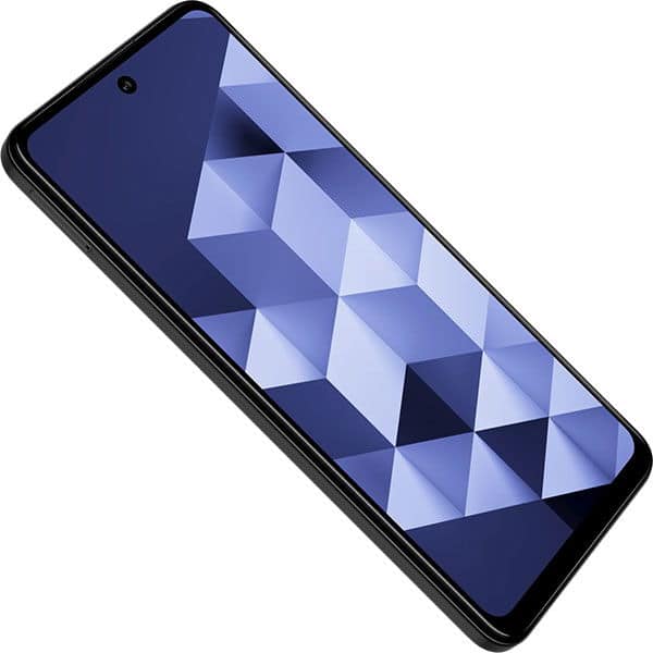 HMD Vibe smartphone displaying geometric blue and white pattern on screen, front view