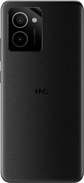 HMD Vibe rear view, black smartphone with dual circular camera lenses and HMD branding