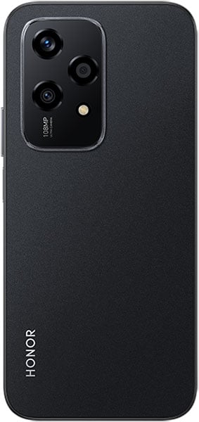 Honor 200 Lite rear view, black phone with triple camera module and Honor branding on back