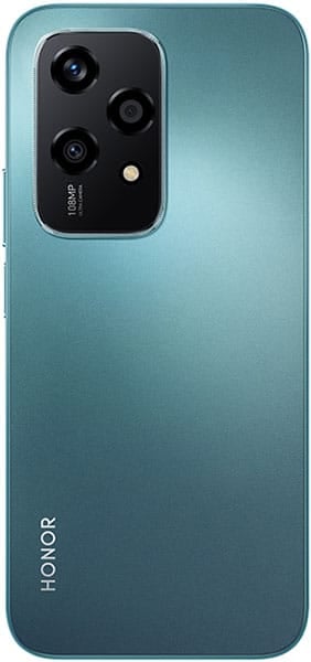 Honor 200 Lite rear view, teal color with triple camera module and HONOR branding on back
