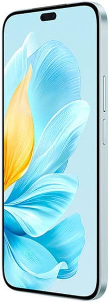 Honor 200 Lite front view, silver, displaying blue and yellow flower illustration on screen